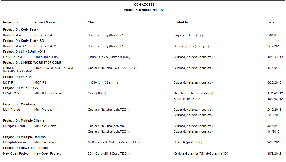 Project File Holder History Project File Holder History Sample Report